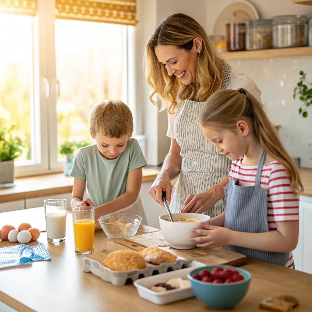 Family cooking together during breakfast course
